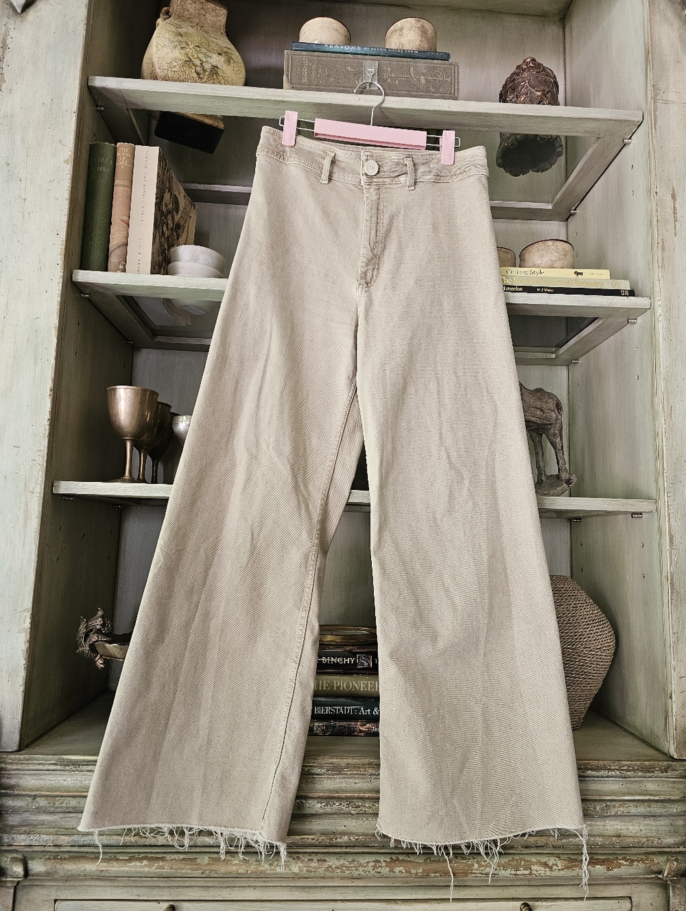 ZARA Marine Straight Patch Pocket Jean Sz 8 Wide Leg Raw Hem Beige Stone - Picture 11 of 14